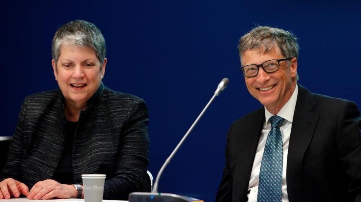 Philanthropist and co-founder of Microsoft, Bill Gates, right, and Janet Napolitano, the President of the University of California attend a conference at the COP21, United Nations Climate Change Conference, in Le Bourget, outside Paris, Monday, Nov. 30.