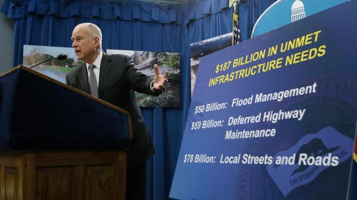 Gov. Jerry Brown gestures to a board showing what he says is $187 billion in unmet infrastructure needs on Feb. 24, 2017, in Sacramento.
