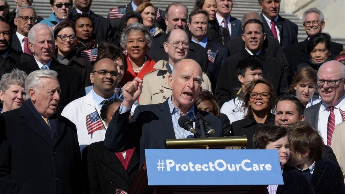 California Gov. Jerry Brown speaks in Washington, D.C., on Wednesday, March 22, 2017, during an event marking seven years since former President Barack Obama signed the Affordable Care Act.