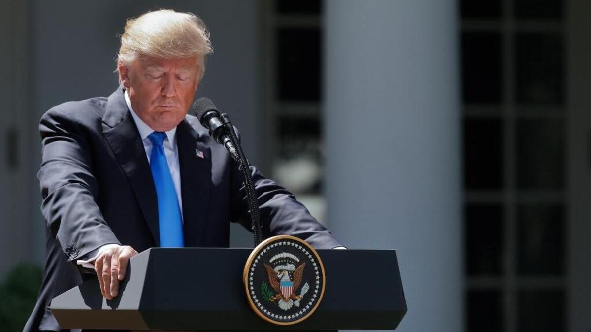 President Donald Trump looks down at his notes during a joint news conference with Romanian President Klaus Werner Iohannis in the Rose Garden of the White House Friday, June 9, 2017.