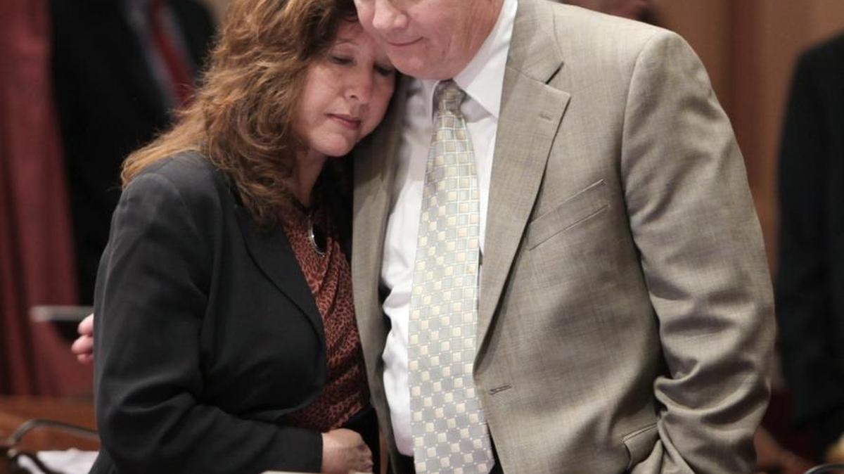 Then-state Sen. Dave Cogdill, R-Modesto, gets a hug from then-Sen. Gloria Romero, D-Los Angeles, after he was ousted as Senate Minority Leader at the Capitol Feb. 18, 2009. Romero has come under fire recently for her recall endorsement of Republican candidate Larry Elder.