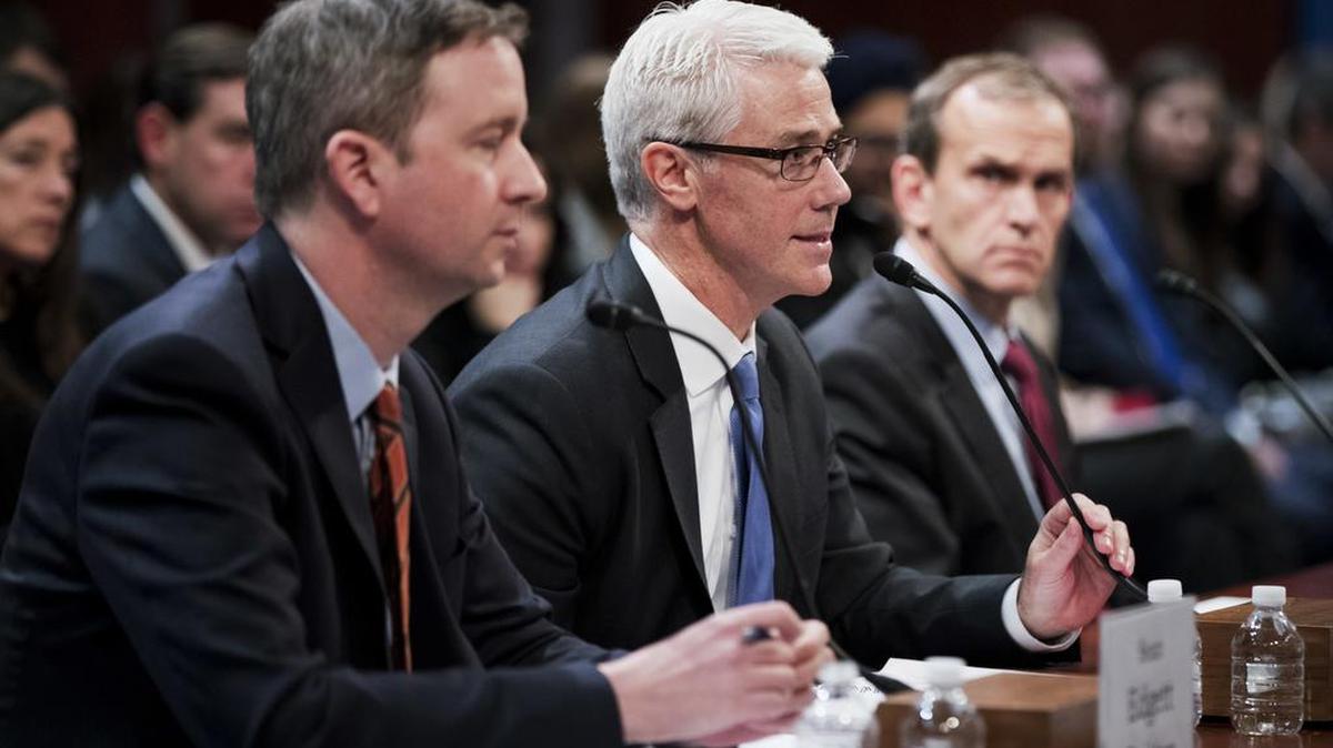 From left, Twitter’s acting General Counsel Sean Edgett, Facebook’s General Counsel Colin Stretch and Google’s General Counsel Kent Walker testify before a House Intelligence Committee hearing on Capitol Hill on Wednesday.