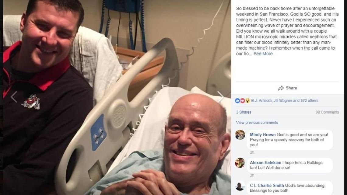 Paul Loeffler, left, donated a kidney to his friend Michael J. Alexander at the University of California San Francisco. Both are now recovering. This was captured from a Facebook post.