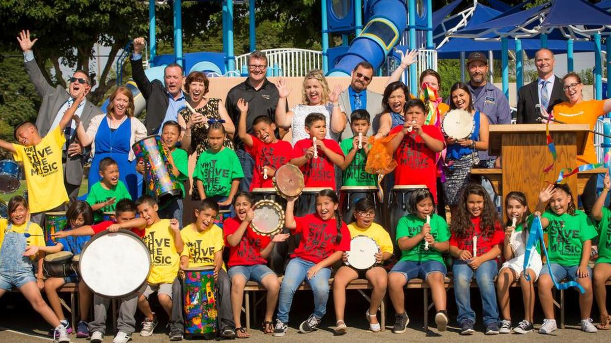 Caruthers Elementary School folks were pretty excited to start their new instruments for music class. The equipment was a gift from VH1 and Amazon.