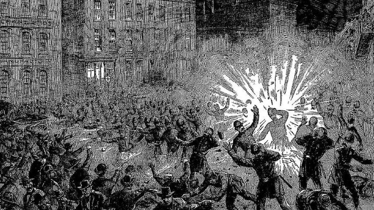 A depiction of the Haymarket Riot in Chicago.