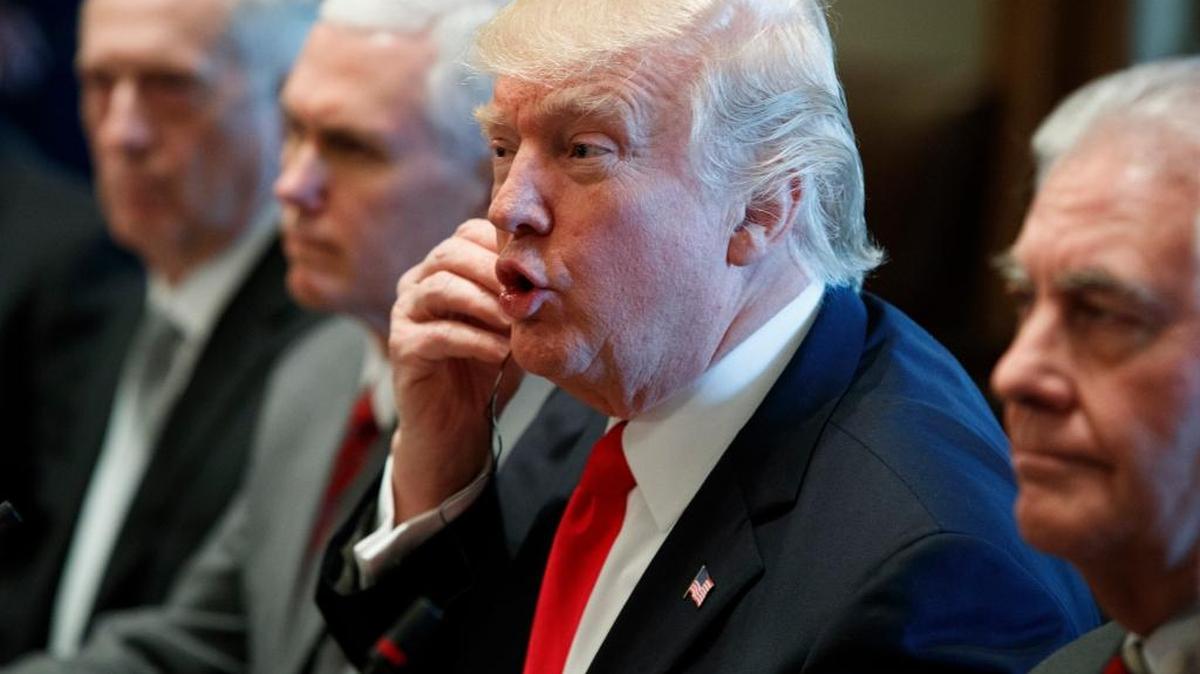President Donald Trump speaks during a meeting with Iraqi Prime Minister Haider al-Abadi in the Cabinet Room of the White House on March 20, 2017. From left are, Defense Secretary Jim Mattis, Vice President Mike Pence, Trump and Secretary of State Rex Tillerson.