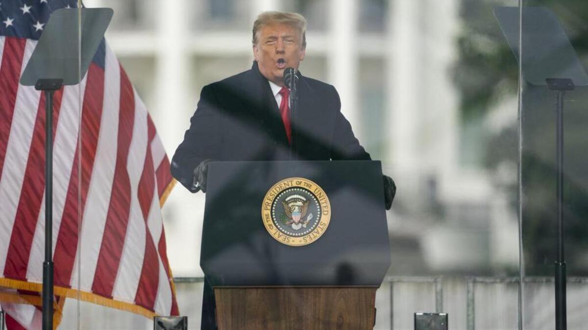 FILE - President Donald Trump speaks during a rally protesting the electoral college certification of Joe Biden as President in Washington, Jan. 6, 2021. Members of the House committee investigating the events of Jan. 6 will hold their first prime time hearing Thursday, Jan. 9, to share what they have uncovered about former President Trump’s efforts to overturn the results of the 2020 election, culminating in the deadly storming of the Capitol building. (AP Photo/Evan Vucci, File)