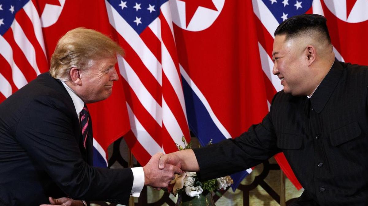 In this Wednesday, Feb. 27, 2019 photo, President Donald Trump shakes hands with North Korean leader Kim Jong Un in Hanoi.