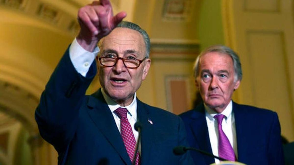 Senate Minority Leader Sen. Chuck Schumer of N.Y., left, was blamed by President Trump following a deadly attack in New York City. He and Sen. Edward Markey, D-Mass., right, addressed reporters following the weekly Democratic policy luncheon on Capitol Hill in Washington Tuesday.