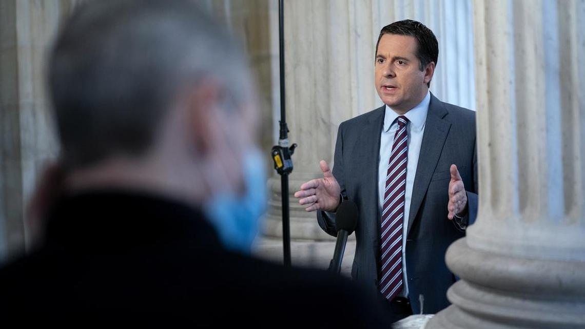 Rep. Devin Nunes (R-Calif.) speaks to reporters at the Russell Senate Office Building on Capitol Hill in Washington, on Sunday, Dec. 20, 2020.