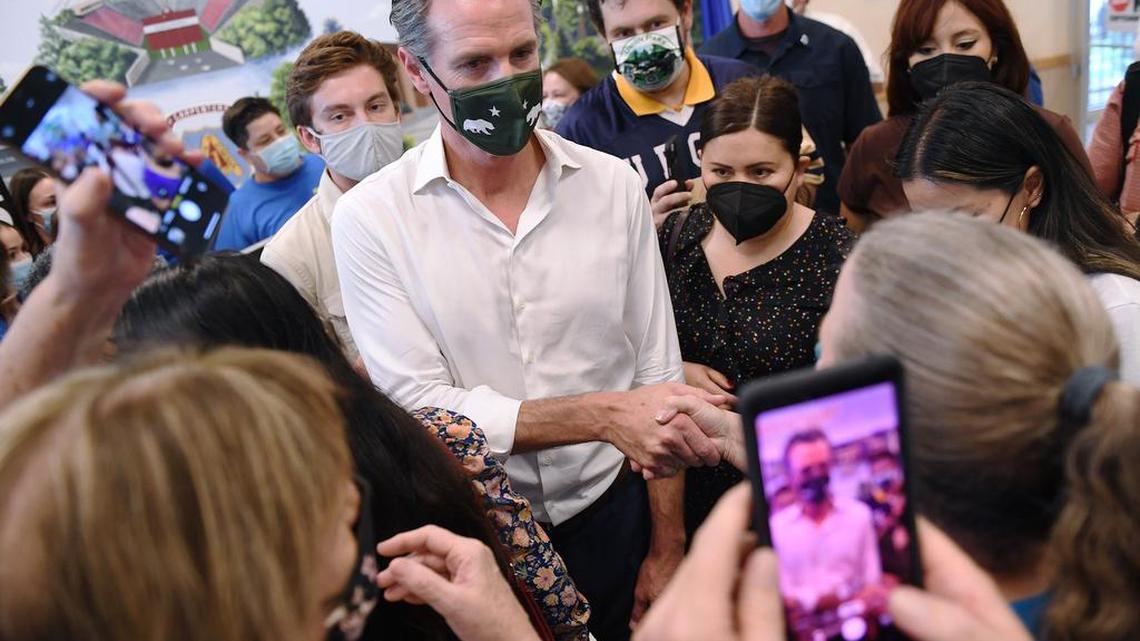California Governor Gavin Newsom greets supporters after speaking at Carpenters Local 701 to drum up support with less than a week left in the recall election Sept. 9 in Fresno.