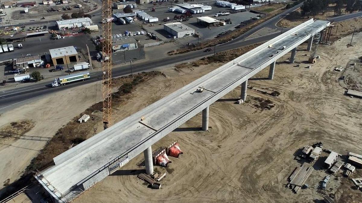 A raised section of Calfornia’s high-speed rail construction is seen from drone video at Cedar Avenue and Highway 99 just south of Fresno on Sept. 28, 2018.