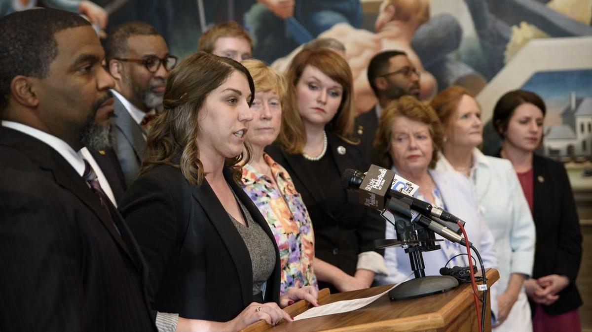 House Minority Floor Leader Crystal Quade, stands with fellow Democrats after the end of the legislative session at the Missouri State Capitol in Jefferson City, Mo., on Friday, May 16, 2019. Republican lawmakers passed a bill here to ban abortions after a fetal heartbeat is detected, the latest in a national flurry of anti-abortion measures intended to mount direct challenges to Roe v. Wade.