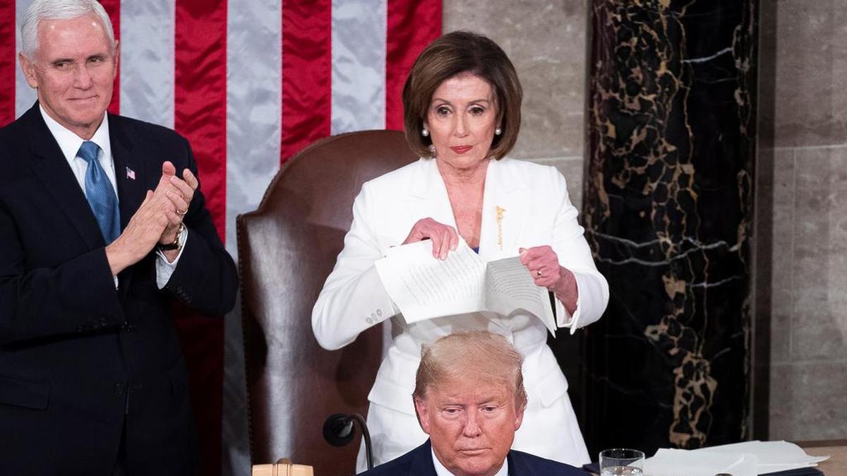 House Speaker Nancy Pelosi, D-San Francisco, tears up her copy of President Trump’s State of the Union speech immediately after he concludes.