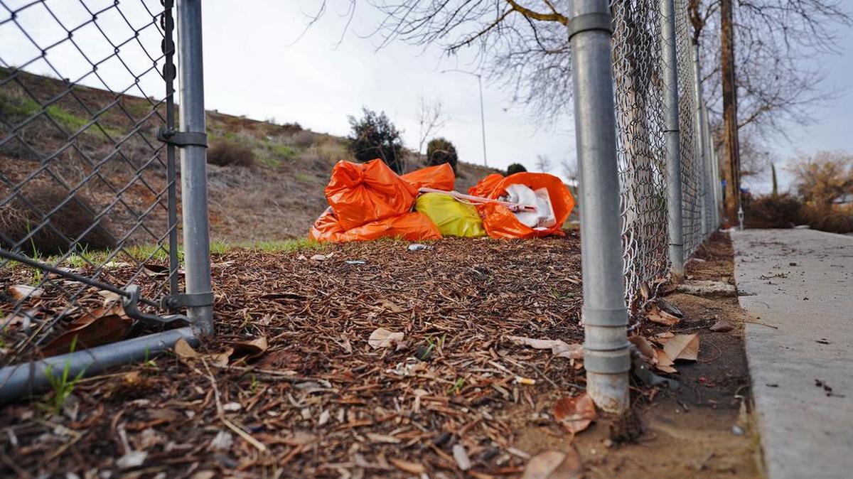Orange trash bags left along east side of Freeway 41 north of Olive Avenue Tuesday, Jan. 26, 2021 in Fresno.