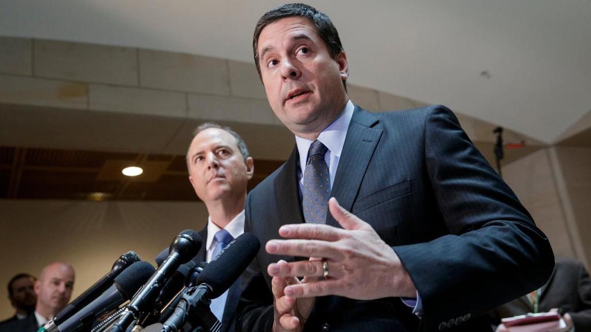 House Intelligence Committee Chairman Rep. Devin Nunes, R-Tulare, right, accompanied by the committee’s ranking member, Rep. Adam Schiff, D-Calif., talks to reporters, on Capitol Hill in Washington, Wednesday, March, 15, 2017, about their investigation of Russian influence on the American presidential election.