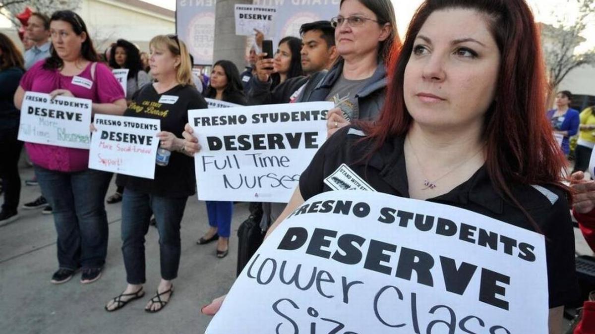 Fresno Unified teachers protest outside of Sunnyside High school in 2016. The Fresno Teachers Association is threatening to go on strike, after months of negotiations with the district.
