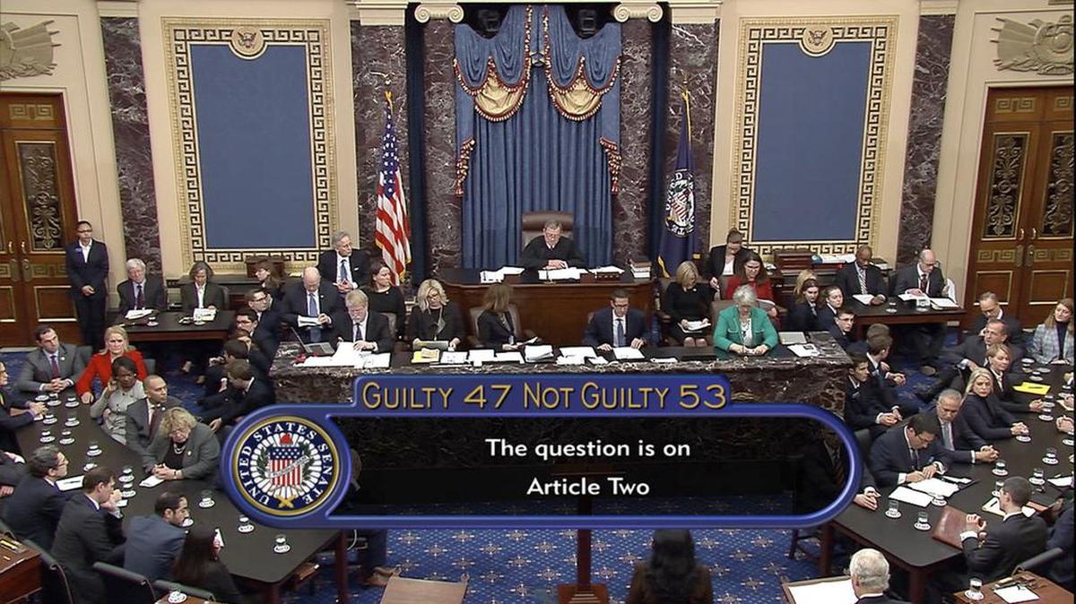In this image from video, the vote total, 53-47 for not guilty, on the second article of impeachment, obstruction of congress, is displayed on screen during the impeachment trial against President Donald Trump in the Senate at the U.S. Capitol in Washington, Wednesday, Feb. 5, 2020. (Senate Television via AP)