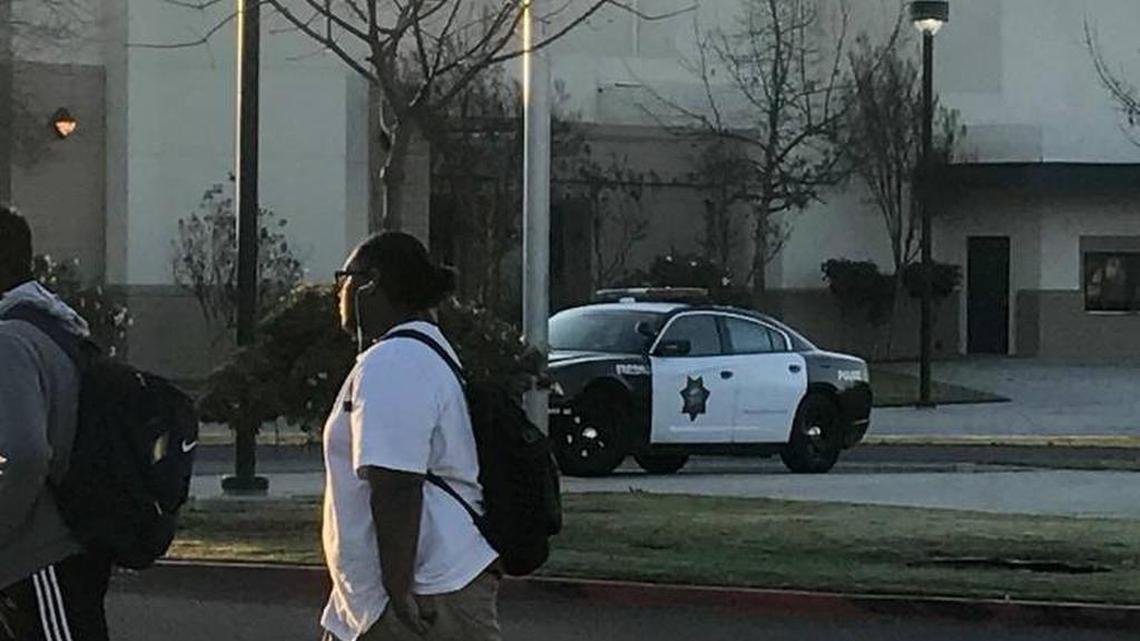 Fresno police on the campus of Sunnyside High School as students arrive for classes Friday morning.