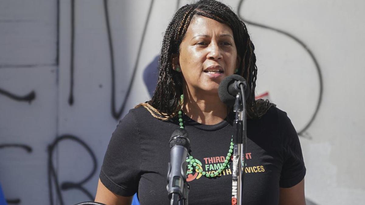 Fumie Stewart, public school parent and advocate for Proposition 15, speaks in support of three pro-Black ballot initiatives on the November California ballot at a press conference hosted by the California Democratic Party Black Caucus and Black leaders on Oct. 22 in Oakland. The press conference, one of four hosted simultaneously statewide by the Black Caucus in Sacramento, Oakland, Los Angeles and San Diego, was a call on Black Californians to support pro-Black ballot initiatives including Prop. 15 (split roll tax), Prop. 16 (repeal of Prop 209) and Prop. 21 (rent control).