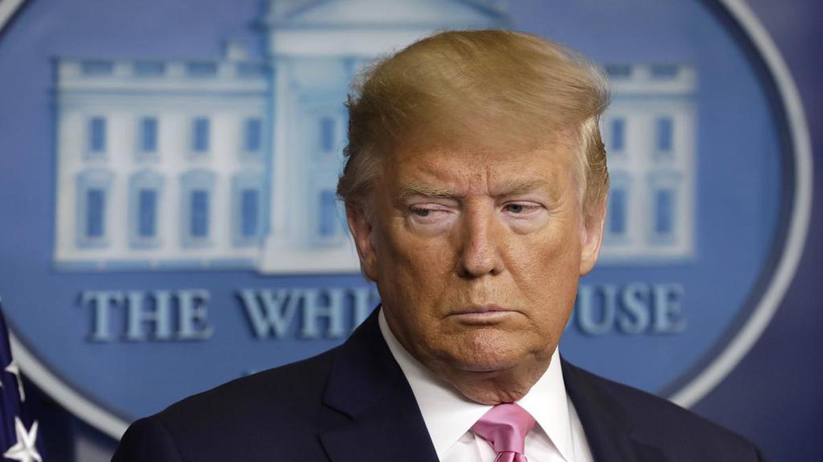 President Donald Trump during a news conference, along with Vice President Mike Pence, left, and members of the Coronavirus Task Force, at the White House in Washington D.C., on Wednesday, Feb. 26, 2020.