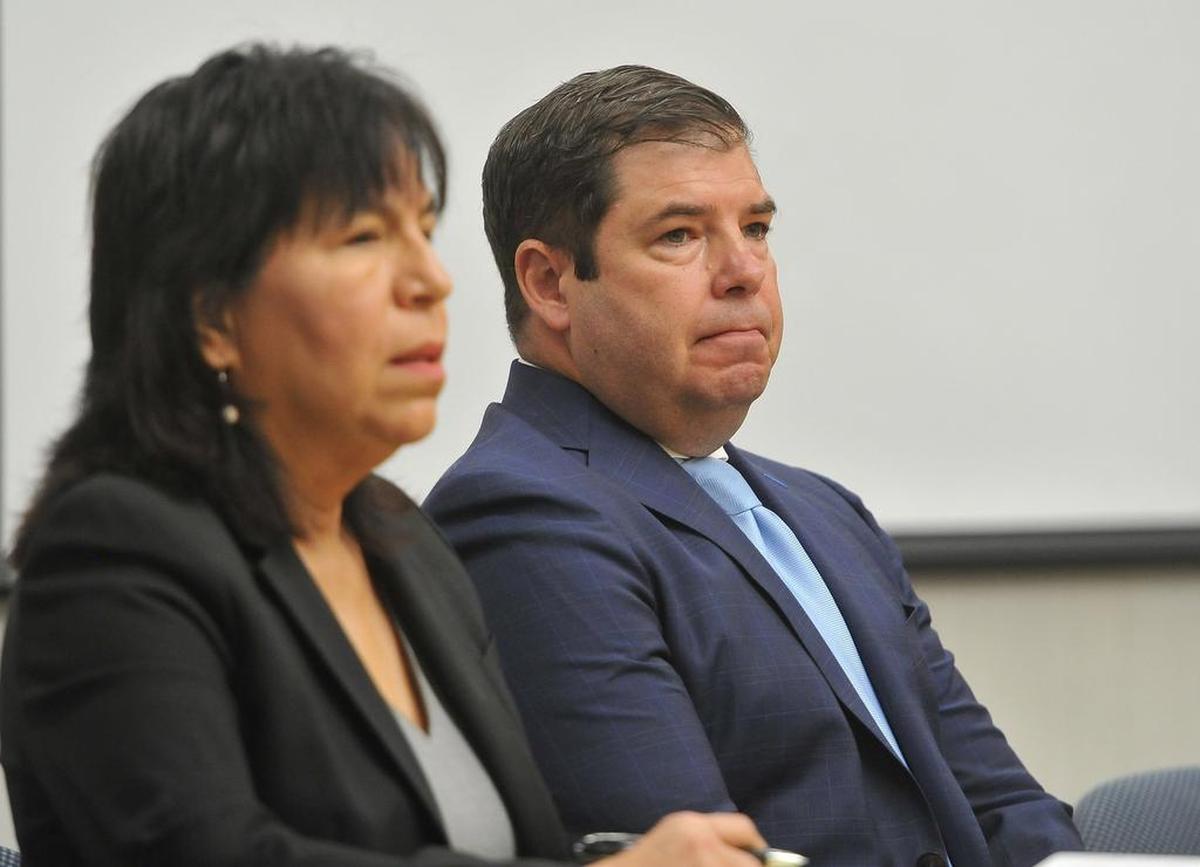 Assemblyman Joaquin Arambula listens with his attorney Margarita Martinez-Baly in the Superior Court of Judge Alvin Harrell, Tuesday morning, April 23, 2019, for the beginning of his trial on a misdemeanor child cruelty charge stemming from his December arrest on allegations he injured his 7-year-old daughter.