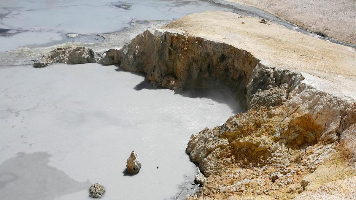 
Boiling mud pots are one of the many geothermal features located in the Bumpass Hell area of Lassen Volcanic National Park. Fumaroles, pyrite pools and hot springs sit nearby. 
