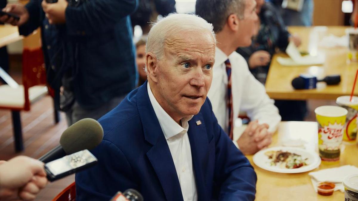 Former Vice President and 2020 presidential candidate Joe Biden makes a campaign stop at King Taco with Mayor Eric Garcetti in Los Angeles on May 8, 2019.