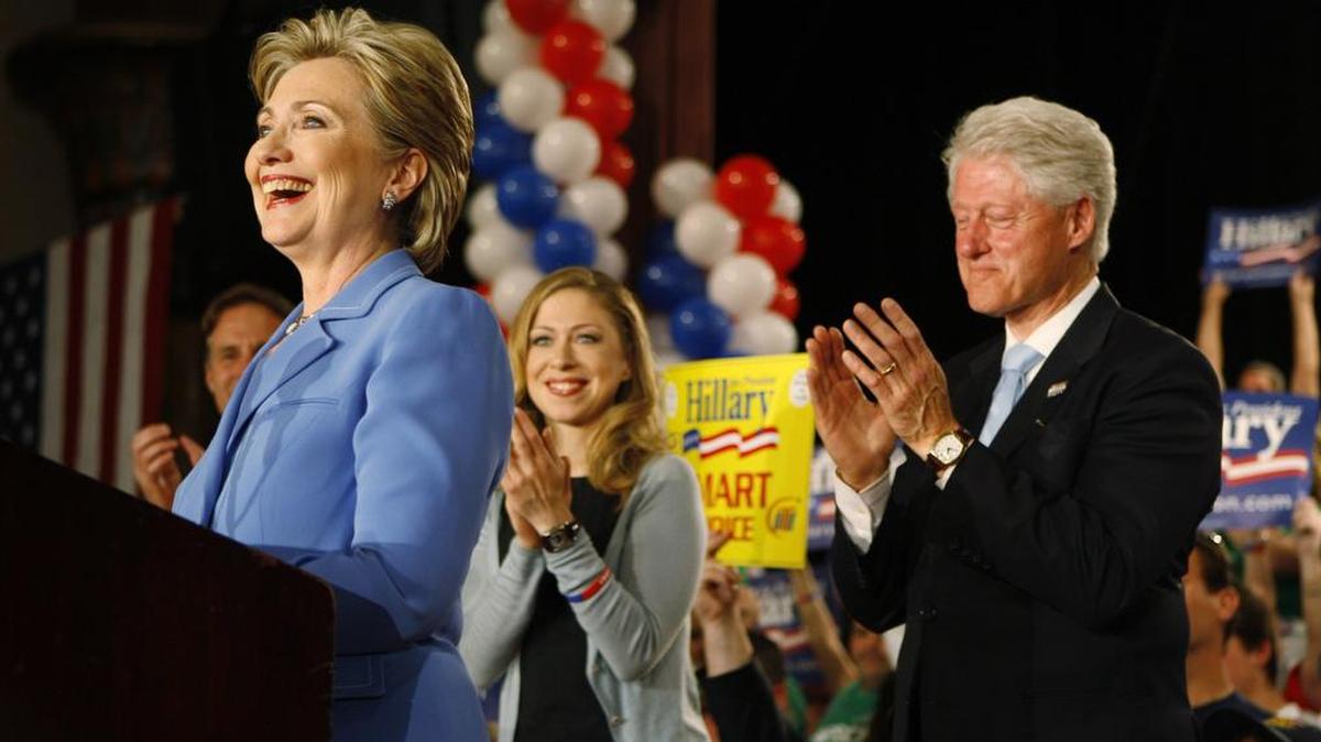 Hillary and Bill Clinton, with daughter Chelsea, during a campaign event in Indianapolis, May 6, 2008.