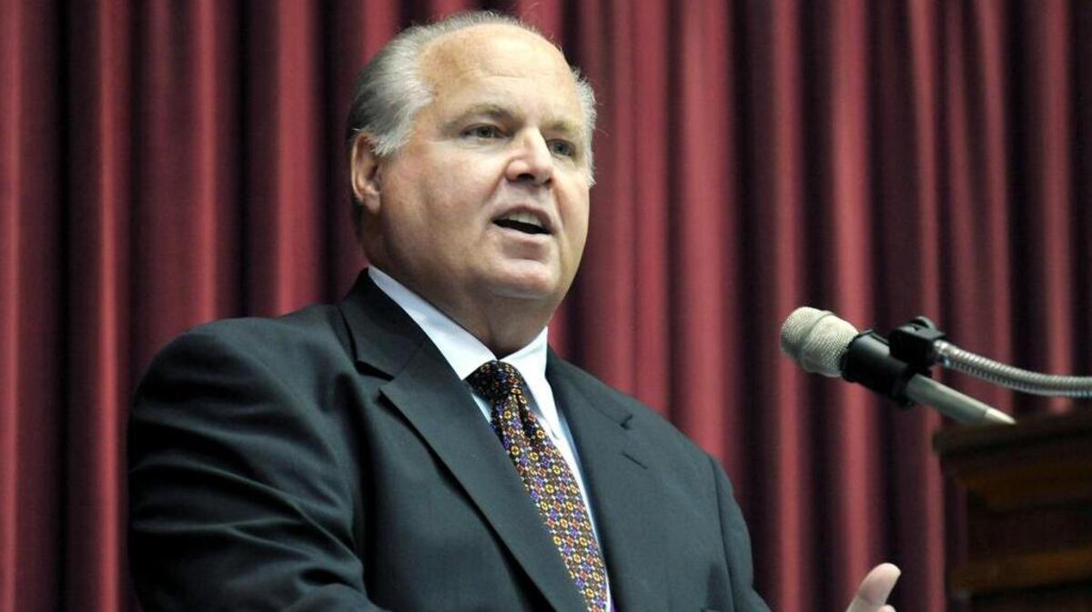 FILE - This 2012 file photo shows conservative commentator Rush Limbaugh speaking during a ceremony inducting him into the Hall of Famous Missourians in the state Capitol in Jefferson City, Mo.