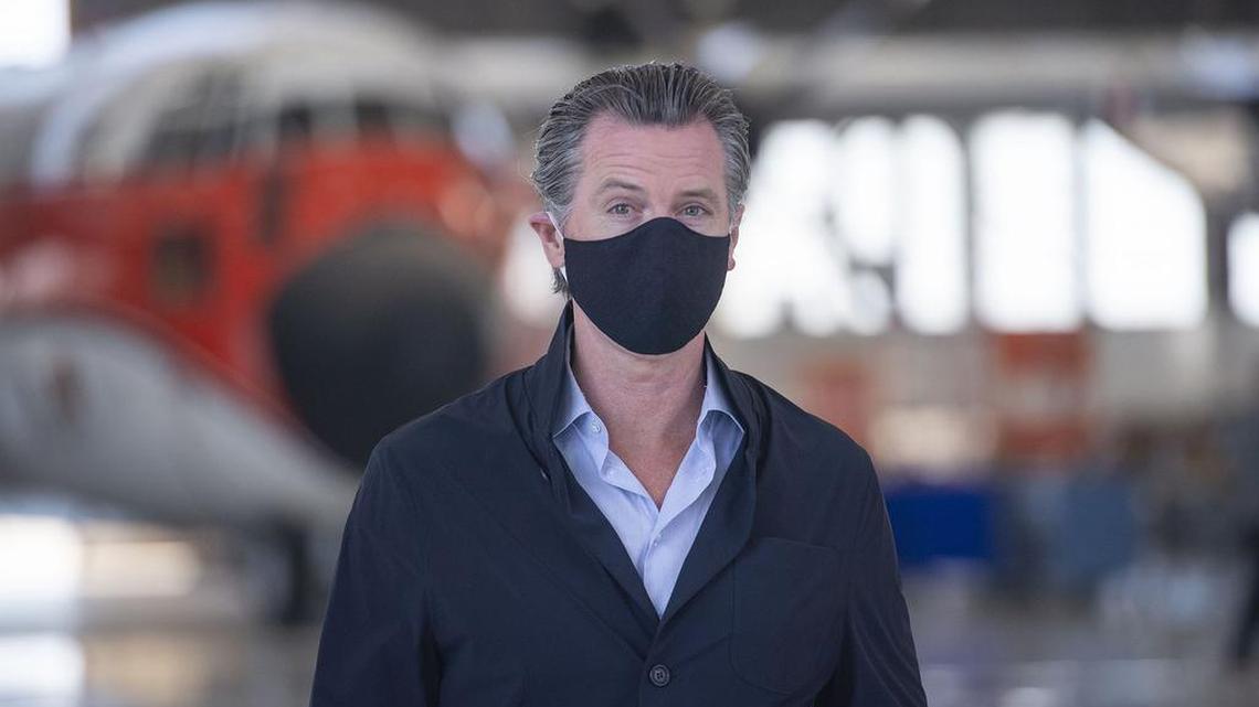 California Gov. Gavin Newsom visits the Cal Fire McClellan Reload Base in Sacramento, Calif., Thursday, July 9, 2020, to discuss the state’s new efforts to protect emergency personnel and evacuees from COVID-19 during wildfires. (AP Photo/Hector Amezcua, Pool)