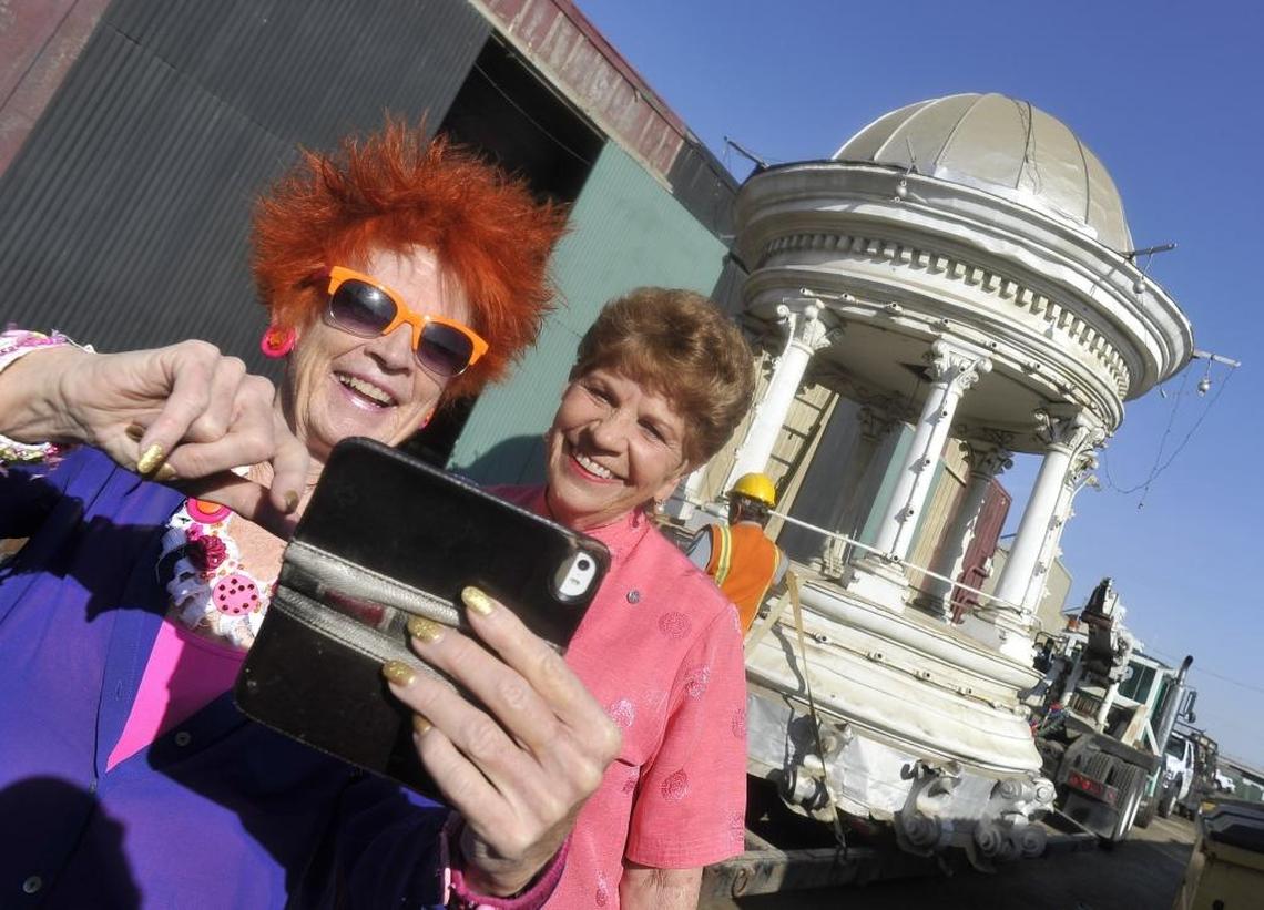 Jackie Ryle, left, and Sally Caglia, take a selfie in front of the historic Fresno County Courthouse cupola before its move last year, from a storage unit owned by the Caglia family to the Fresno Fairground, where went on display at the museum.