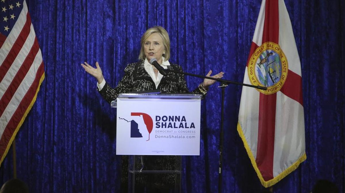 Former Secretary of State Hillary Clinton speaks on behalf of congressional hopeful Donna Shalala during a campaign stop at the Coral Gables Woman’s Club, Wednesday, Oct. 24, 2018 in Florida. Clinton expressed her gratitude for law enforcement after a suspicious package addressed to her was seized by the Secret Service at her home in Chappaqua. N.Y.