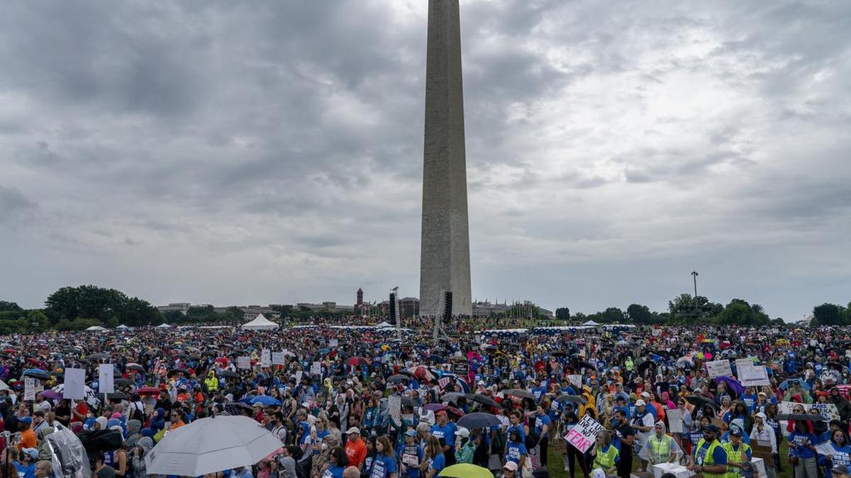 People participate in the second March for Our Lives rally in support of gun control in front of the Washington Monument, Saturday, June 11, 2022, in Washington. The rally is a successor to the 2018 march organized by student protestors after the mass shooting at a high school in Parkland, Fla.
