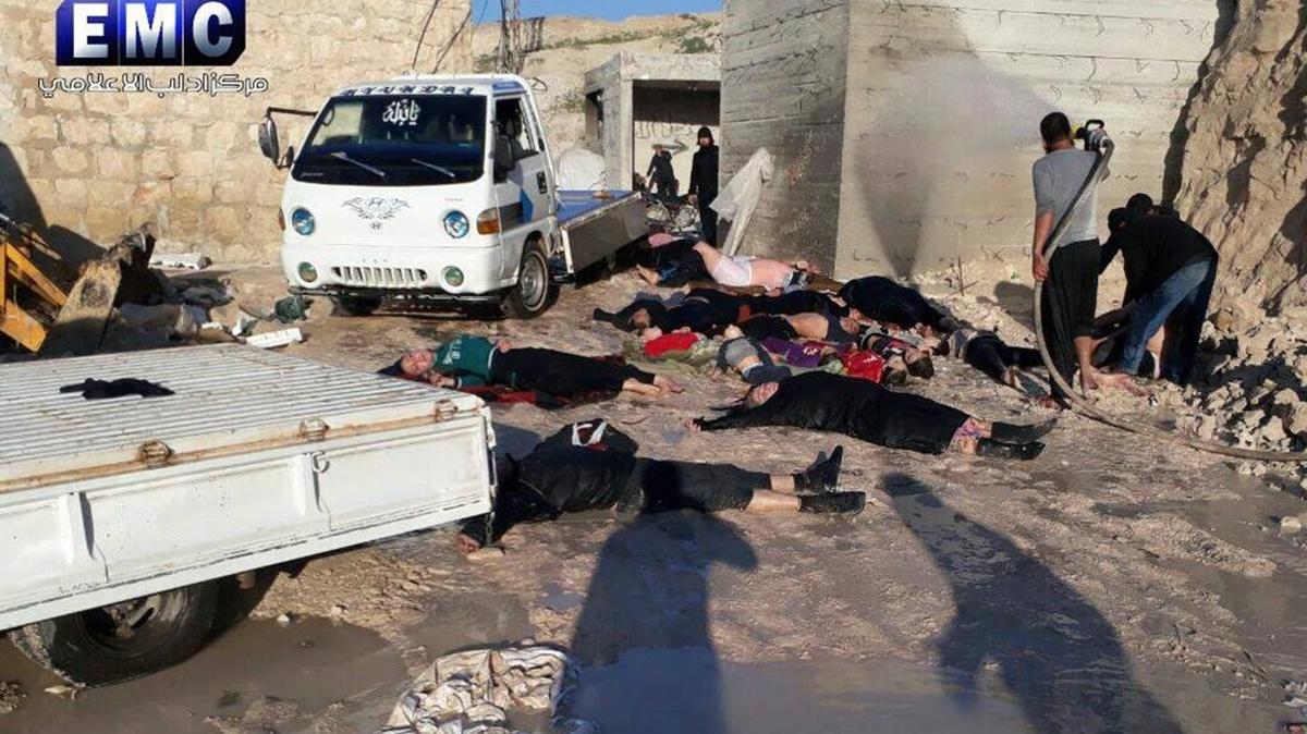 In this April 4, 2017 photo, provided by the Syrian anti-government activist group Edlib Media Center, which has been authenticated based on its contents and other AP reporting, shows victims of a suspected chemical attack, in the town of Khan Sheikhoun, northern Idlib province, Syria.