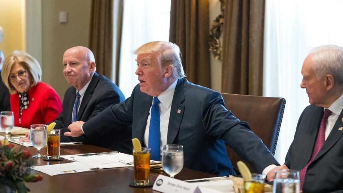 President Donald Trump hosts Republican lawmakers for lunch and a discussion of tax legislation, at the White House in Washington, Dec. 13, 2017. House and Senate Republicans have reportedly reached an agreement, in principle, on a consensus tax bill, keeping them on track for final votes next week and a bill on Trumpâ™s desk by Christmas. From left: Rep. Diane Black (R-Tenn.), Rep. Kevin Brady (R-Texas), Trump and Sen. Orrin Hatch (R-Utah). (Doug Mills/The New York Times)