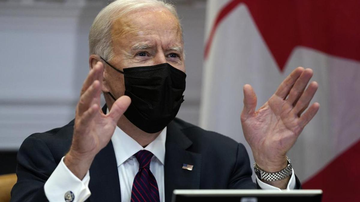 President Joe Biden holds a virtual bilateral meeting with Canadian Prime Minister Justin Trudeau, in the Roosevelt Room of the White House, Tuesday, Feb. 23, 2021, in Washington.