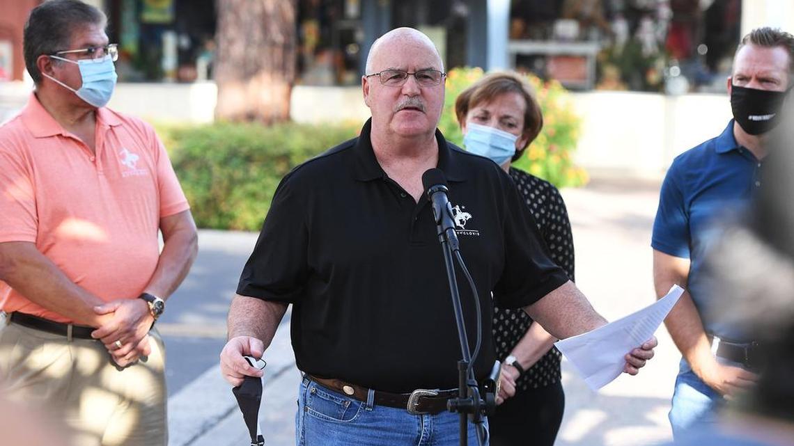 Clovis Mayor Drew Bessinger addresses the media in a September press conference.