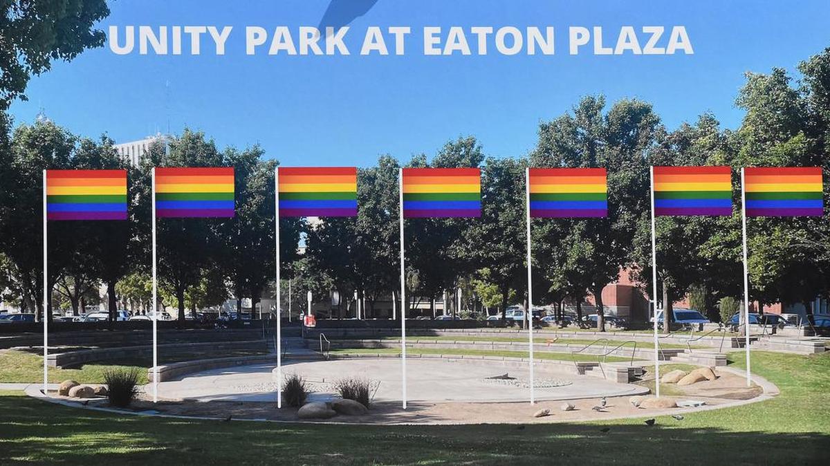 This is a depiction of the rainbow Pride flag displayed at Mayor Jerry Dyer’s proposed Unity Park at Eaton Plaza, as shown during a press conference Thursday, June 3, 2021.