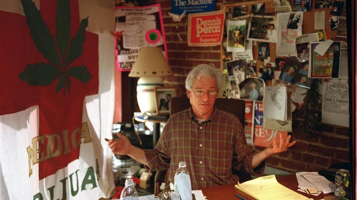 Dennis Peron sits in his office at the San Francisco Cannibas Cultivators Club on Market Street in San Francisco. Person was one of the co-authors of Proposition 215, the initivate to legalize marijuana for medical purposes.
