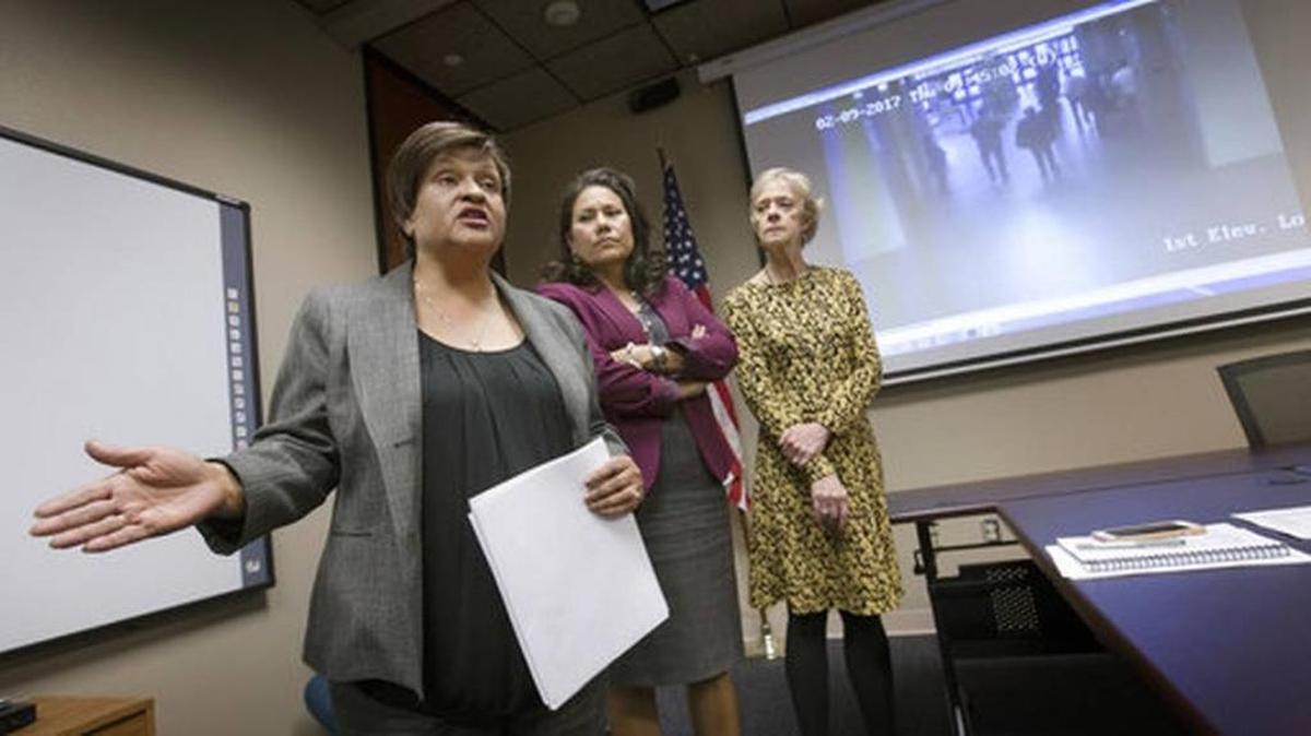 Paso County Attorney Jo Anne Bernal, left, answers a question in El Paso, Texas, as County Judge Veronica Escobar and Center Against Sexual and Family Violence Executive Director Stephanie Karr listen as the three take questions from local media concerning the arrest of Irvin Gonzalez at a courthouse. The transgender woman was obtaining a protective order against an abusive boyfriend when she was detained, drawing national attention to the issue of courthouse arrests by immigration agents. Federal immigration authorities announced Wednesday, Jan. 31 that agents will enter courthouses only to capture specific targets, like convicted criminals, gang members, public safety threats and immigrants who have been previously deported or ordered to leave.