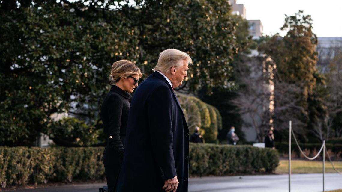 President Donald Trump and first lady Melania Trump depart the White House on Wednesday morning, Jan. 20, 2021, hours before the presidential inauguration of Joe Biden.