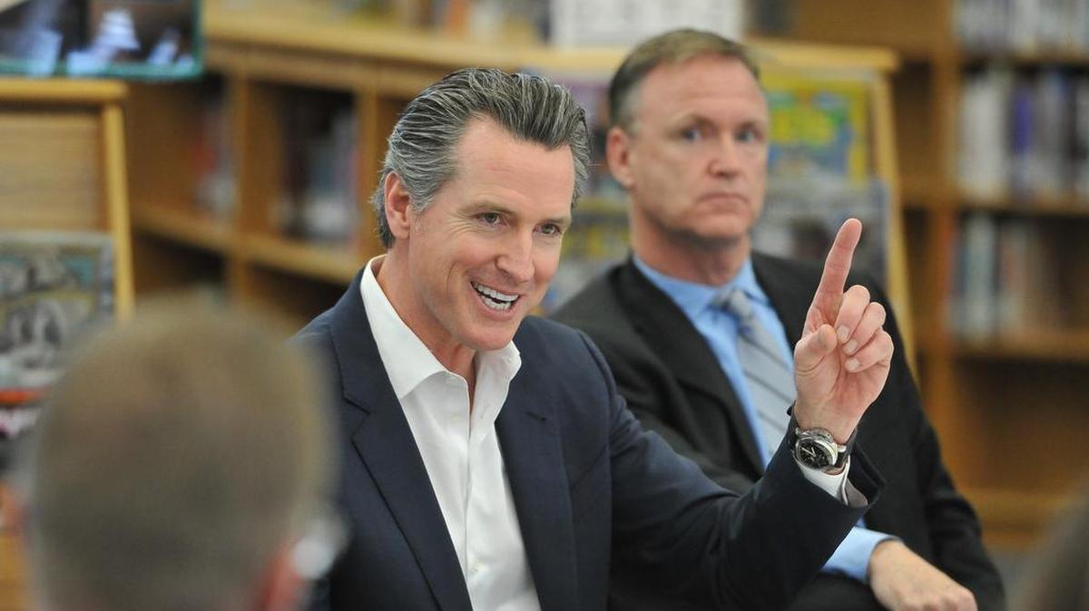 Gov. Gavin Newsom speaks to a group at Riverview Elementary School in Reedley during his visit Feb. 13, 2019.