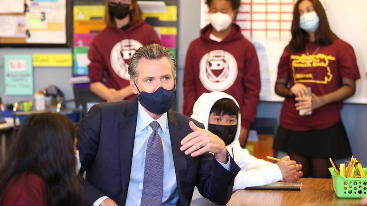 Gov. Gavin Newsom talks with 7th grade students at James Denman Middle School on Oct. 1, 2021 in San Francisco.
