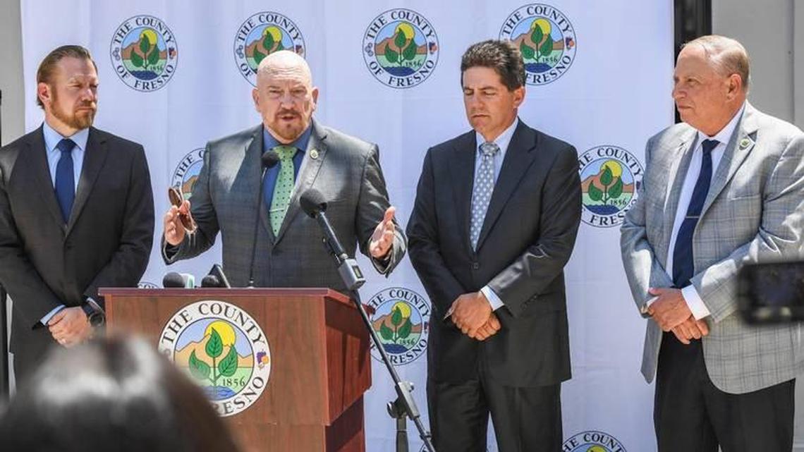 Members of the Fresno County Board of Supervisors, from left, Nathan Magsig, Steve Brandau, Brian Pacheco and Buddy Mendes during a news conference last year.