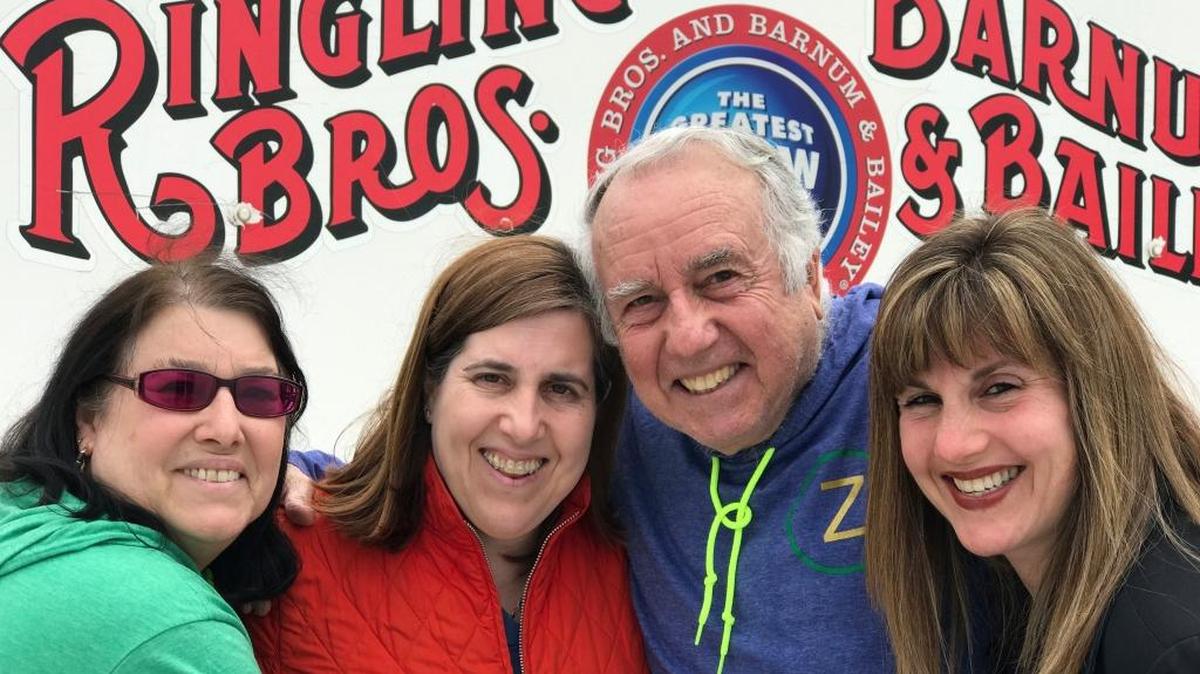Gene Goldstein, center right, and his family stop for a photo outside the Nassau Veteran’s Memorial Coliseum in Uniondale, N.Y., which hosted the final performances of the Ringling Brothers and Barnum & Bailey Circus, May 20. From left are Cheryl Goldstein, Dawn Mirowitz, Gene Goldstein and Heather Greenberg.