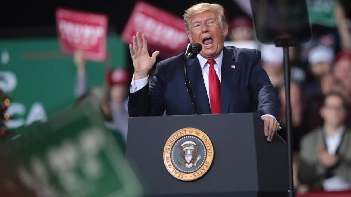 President Donald Trump speaks at his Merry Christmas Rally at the Kellogg Arena on Dec. 18, 2019 in Battle Creek, Michigan.
