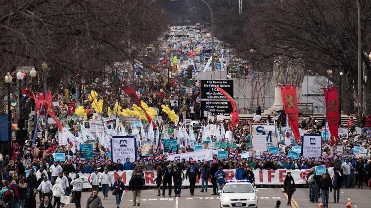 Thousands of anti-abortion marchers carry signs as they crowd the streets along Constitution Avenue during the March for Life in Washington, D.C., on Jan. 27, 2017.