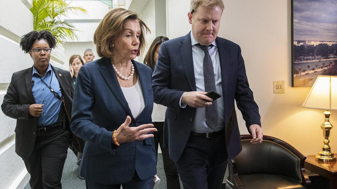 House Speaker Nancy Pelosi of San Francisco walks with her staff at the conclusion of a House Democratic Caucus meeting on Capitol Hill in Washington, Tuesday, Oct. 22, 2019.