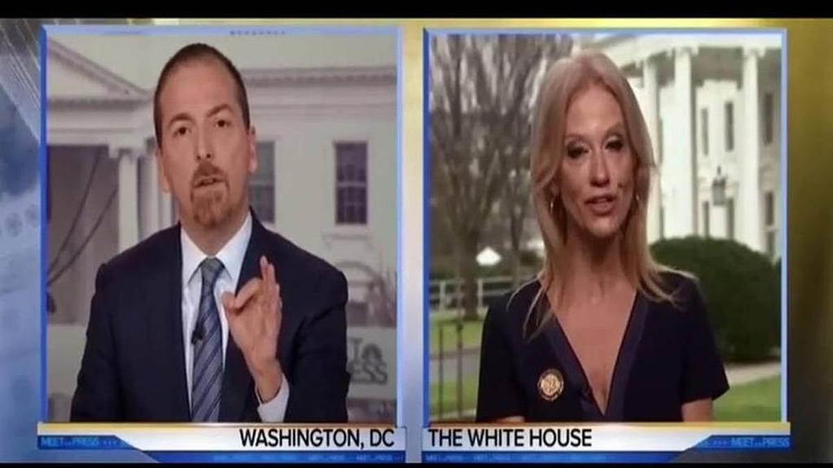 Chuck Todd, left, interviews Donald Trump spokesperson Kellyanne Conway on “Meet the Press” on Sunday, Jan. 22.